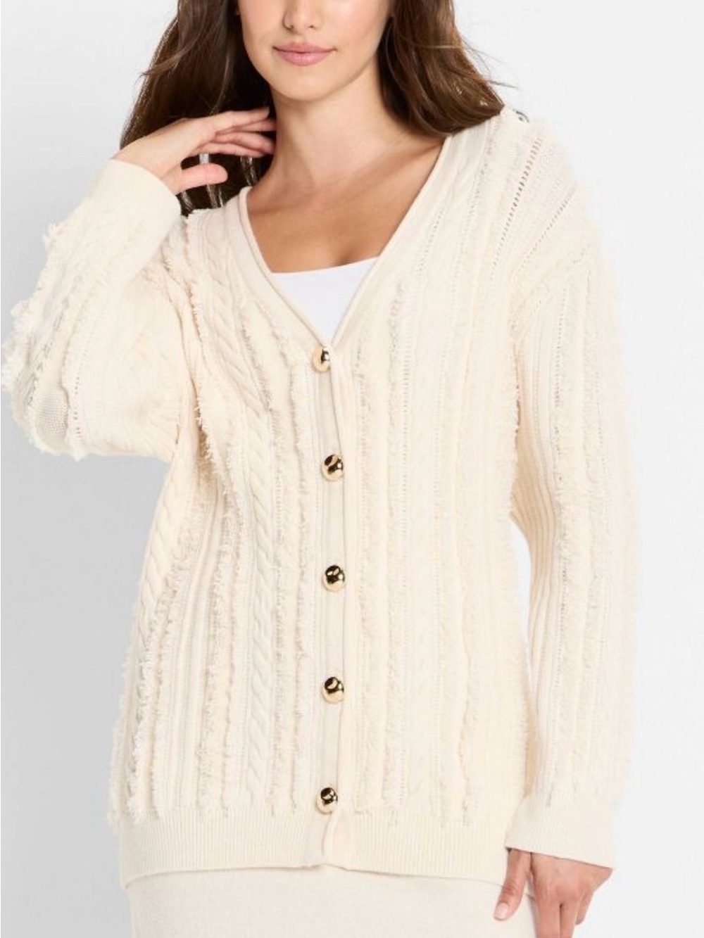 Future Collective Cream Cable Knit Fringe Cardigan NWT XL